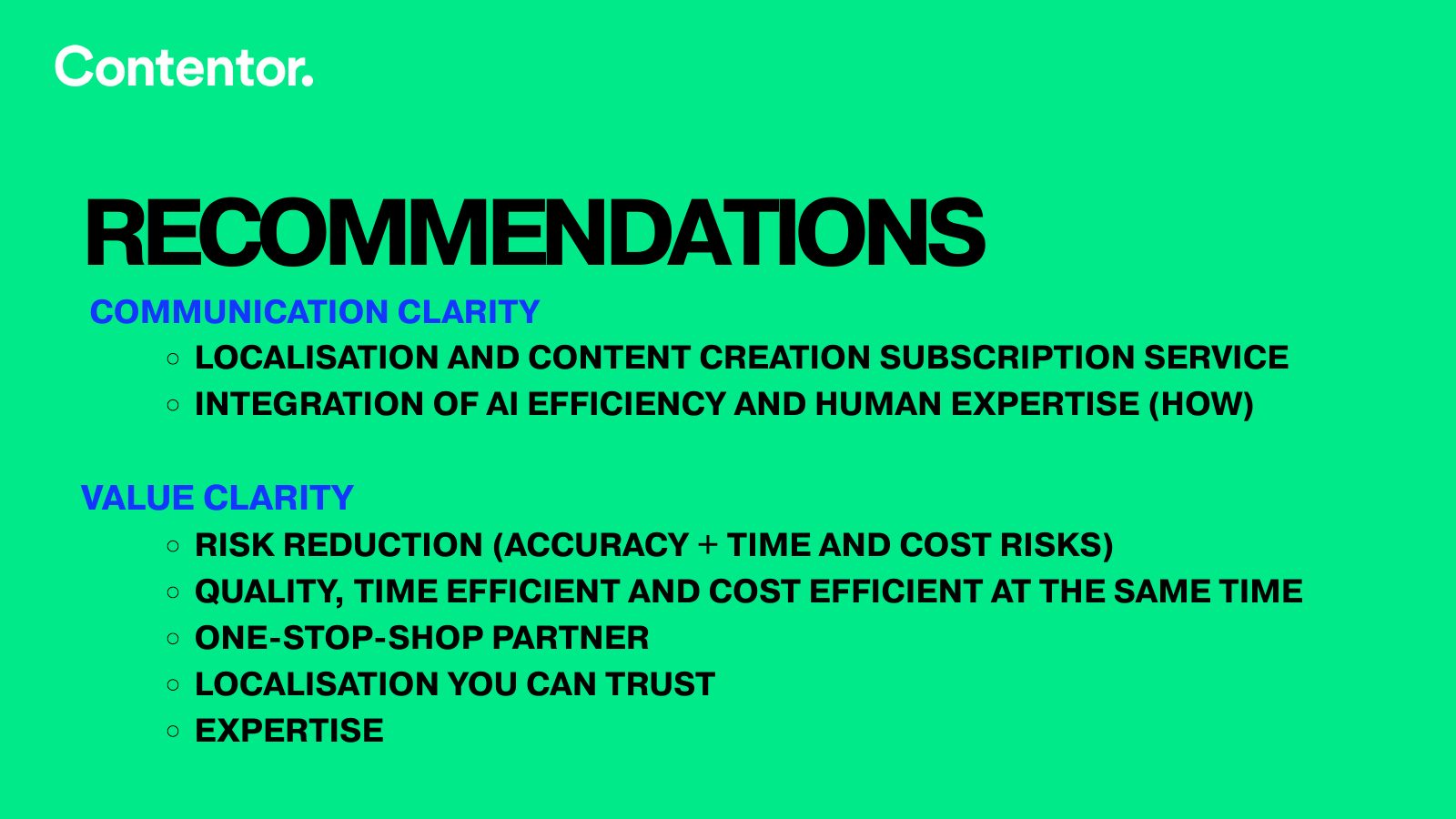 Slide: Recommendations on communication clarity and value clarity