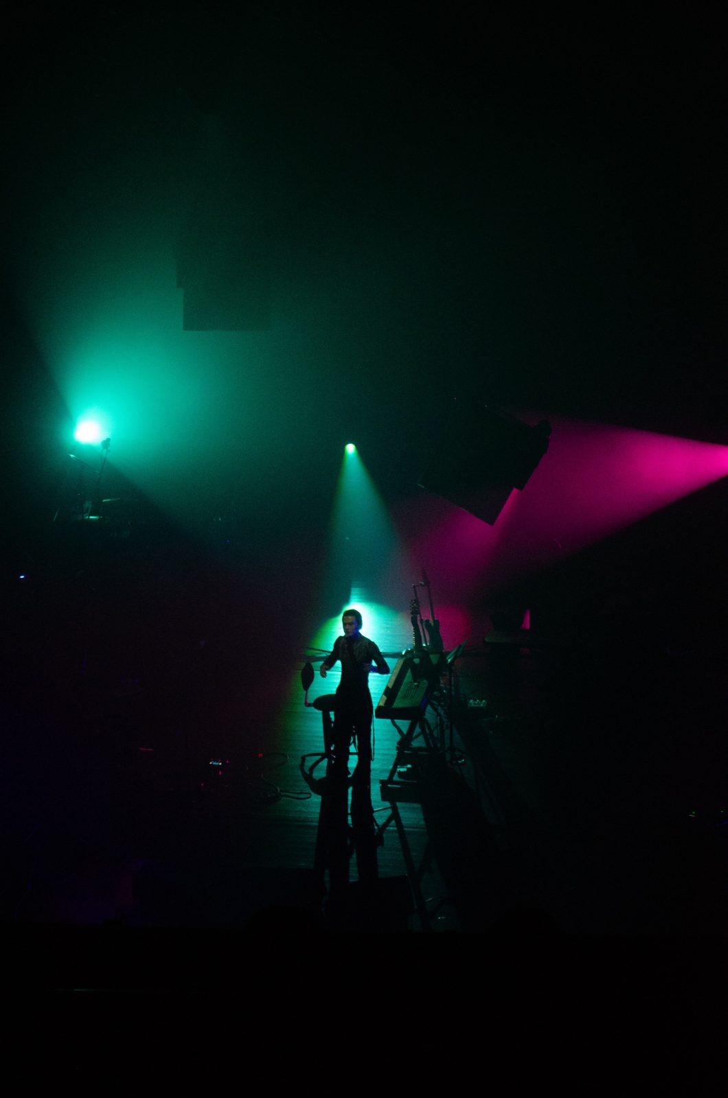 Musician silhouetted in green and pink stage light